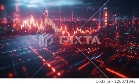 futuristic financial overview with 3D line graphs and data flows, neon light elements on dark background 126071048