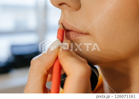 Applying Lip Liner Close-Up Beauty Routine Applying Lip Liner Close-Up Beauty Routine 126071161