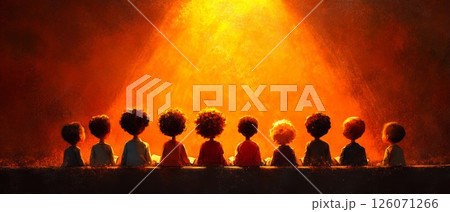 Nine African children sit in a row, illuminated by a warm, orange light, their backs to the viewer Nine African children sit in a row, illuminated by a warm, orange light, their backs to the viewer 126071266