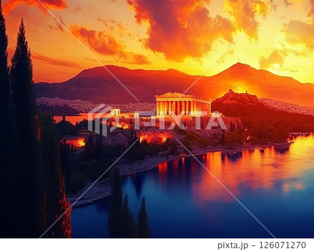 Sunset over ancient Greek temple by the sea, majestic mountains in the background 126071270