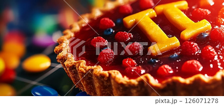 A delicious fruit tart with a number one decoration sits on a game board A delicious fruit tart with a number one decoration sits on a game board 126071278