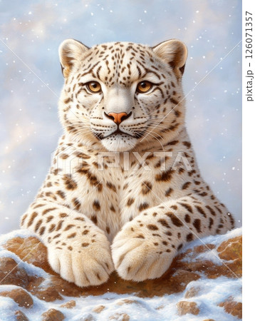 A majestic snow leopard rests peacefully amidst a snowy, rocky landscape, its striking coat blending seamlessly with its wintry surroundings 126071357