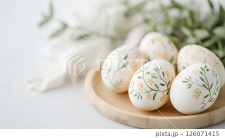 Hand painted Easter eggs with intricate floral designs on wooden plate 126071415