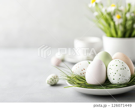 Festive Easter table setting with painted eggs on plate, surrounded by greenery and flowers, creating cheerful atmosphere 126071449