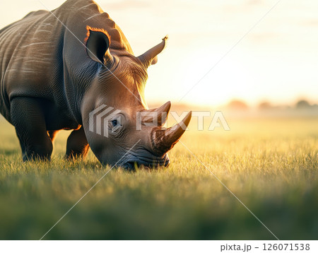 stunning wildlife scene featuring rhino grazing in golden light, showcasing nature beauty and tranquility 126071538