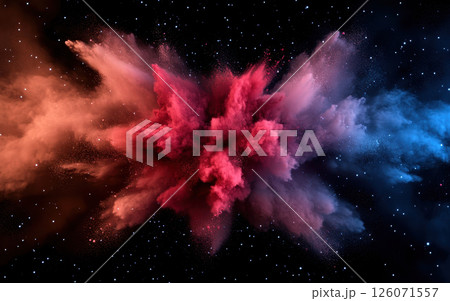 Abstract explosion of multicolored powders creating cosmic effect, showcasing vibrant hues against dark background 126071557