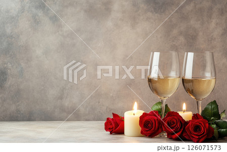 Elegant Valentine Day setup with roses, candles, and wine glasses, creating romantic atmosphere 126071573