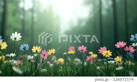 vibrant forest clearing filled with colorful flowers and greenery, creating serene atmosphere 126071574
