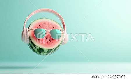 playful watermelon wearing stylish sunglasses and headphones floats against soft mint background, creating fun and vibrant atmosphere playful watermelon wearing stylish sunglasses and headphones floats against soft mint background, creating fun and vibrant atmosphere 126071634