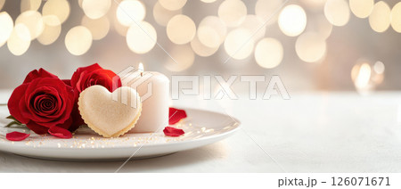 romantic dinner setting with red roses, heart shaped cookie, and candle creates warm atmosphere for special occasions. Perfect for celebrating love and intimacy 126071671