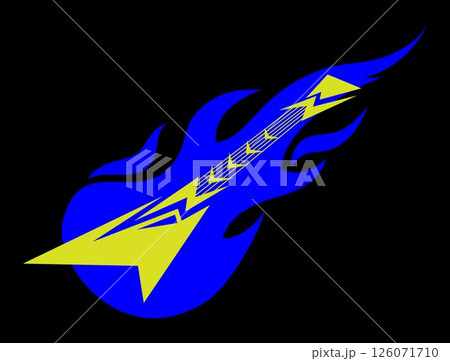 Punk rock guitar in form of yellow electric lightning flying in blue neon flame. Simple music emblem for printing on clothes and advertising banners. Vector logo for poster design on black back 126071710