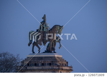 Night shot morning mist Koblenz City Germany historic monument German Corner where rivers rhine and mosele flow together 126071809