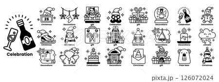 A collection of Christmas themed icons including a bottle of wine in line drawing style A collection of Christmas themed icons including a bottle of wine in line drawing style 126072024