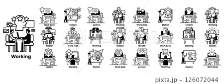A series of images of people working at a desk in line drawing style 126072044
