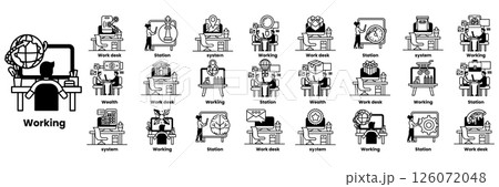 A series of images of people working at a desk in line drawing style A series of images of people working at a desk in line drawing style 126072048