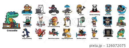 A collection of cartoon animals with a crocodile in the middle 126072075