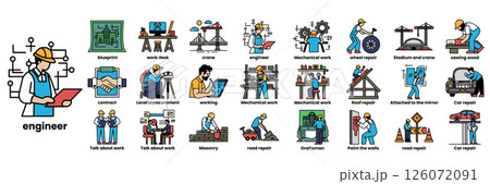 A series of images of people in various work settings, including construction 126072091