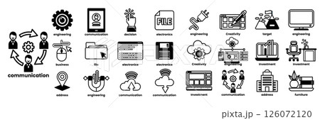 A collection of icons for communication, including a computer mouse, a keyboard in line drawing style 126072120
