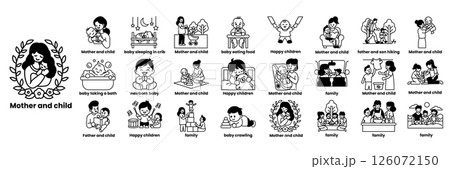 A series of images depicting various aspects of motherhood and childrearing in line drawing style 126072150