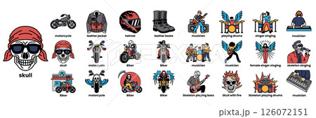 A collection of images of people and objects related to motorcycles, music A collection of images of people and objects related to motorcycles, music 126072151