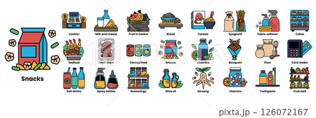 A series of food and drink icons, including a bottle of wine, a can of beans 126072167