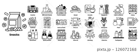 A series of food and drink icons, including a bottle of wine, a can of beans in line drawing style A series of food and drink icons, including a bottle of wine, a can of beans in line drawing style 126072168