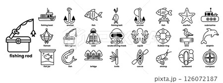A collection of fishing and boating icons in line drawing style A collection of fishing and boating icons in line drawing style 126072187