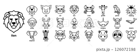 A collection of animal faces, including a lion, a dog, a cat, a bird, a fish in line drawing style 126072198