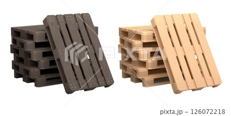 Set of wooden pallet for warehouse cargo storage isolated on white background. 3d render of tray for cargo loading and transportation, freight delivery, warehousing service equipment Set of wooden pallet for warehouse cargo storage isolated on white background. 3d render of tray for cargo loading and transportation, freight delivery, warehousing service equipment 126072218