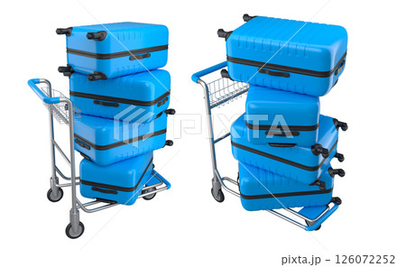 Set of Regular polycarbonate suitcase on hotel trolley cart for carrying baggage on white background. 3d render travel concept of hotel service on vacation and luggage transportation 126072252