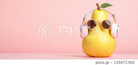 quirky pear wearing trendy headphones and round sunglasses, set against soft pink background, exudes fun and playful vibe quirky pear wearing trendy headphones and round sunglasses, set against soft pink background, exudes fun and playful vibe 126072368