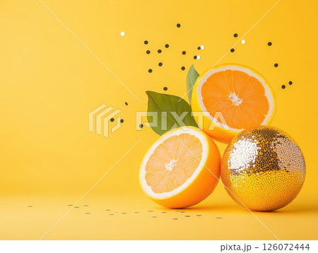 Bright orange slices and disco ball on sunny yellow background create vibrant and playful atmosphere. combination of fruit and sparkle adds fun touch to any setting 126072444