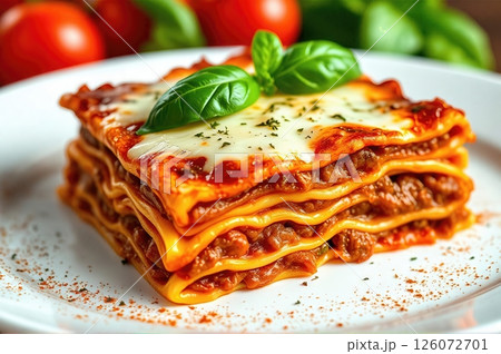 Italian Culinary Heritage Layered Homemade Lasagna with Fresh Herbs and Seasonal Accompaniments 126072701