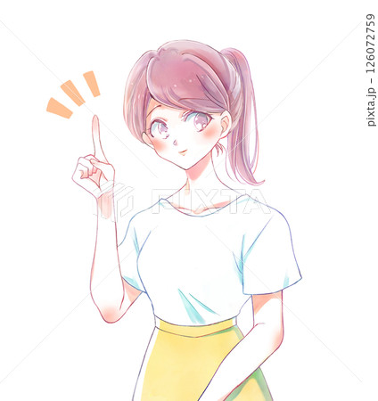 人差し指をさすポニーテールの女性 126072759