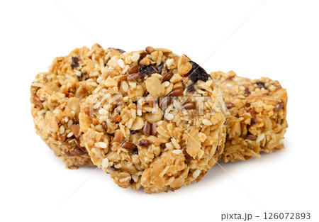 Pile of granola cookies on a white background. Isolated 126072893