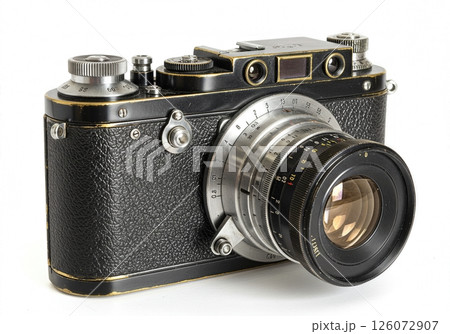 Vintage  Rangefinder Camera with Textured Black Body and Classic Prime Lens on White Background  126072907