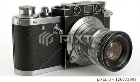 Vintage  Rangefinder Camera with Textured Black Body and Classic Prime Lens on White Background  126072908