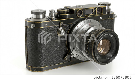 Vintage  Rangefinder Camera with Textured Black Body and Classic Prime Lens on White Background  126072909