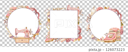 Watercolor sewing machine and tools in round and square frame set. Hand drawn vintage floral template with iron and female mannequin. Perfect for tailor logo and romantic card and invitation design. 126073223