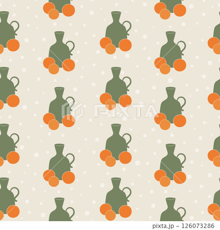 Vases seamless vector pattern. Vase and fruits summer background. Aesthetic rape tangerine fruit design Vases seamless vector pattern. Vase and fruits summer background. Aesthetic rape tangerine fruit design 126073286