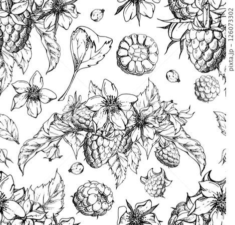 Raspberry mulberry flower buds, leaves, ripe forest garden berries bunch group, hand drawn in vector ink. Isolated seamless pattern. Dessert menu, farmers market grocery, food crockery packaging 126073302