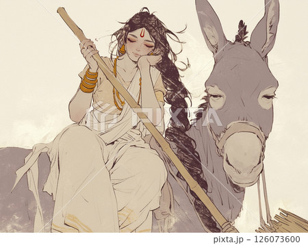 ロバに座るシータラー女神の繊細で神秘的なイラスト｜癒し・守護・疫病除けに最適な宗教アート作品 126073600