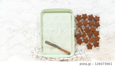Overhead view of a stack of freshly baked star-shaped chocolate gingerbread cookies on a cooling rack. Overhead view of a stack of freshly baked star-shaped chocolate gingerbread cookies on a cooling rack. 126073661