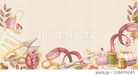 Sewing tools watercolor banner with pincushion and copy space. Hand drawn vintage template with measuring tape and flower. Perfect for tailor shop or atelier advertising background and web design. Sewing tools watercolor banner with pincushion and copy space. Hand drawn vintage template with measuring tape and flower. Perfect for tailor shop or atelier advertising background and web design. 126074243
