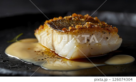 Almond-Crusted Turbot Meuniere: Crispy Almond Crust and Luxurious Sauce on Sleek Black Backdrop for High-End Culinary Promotions 126074304