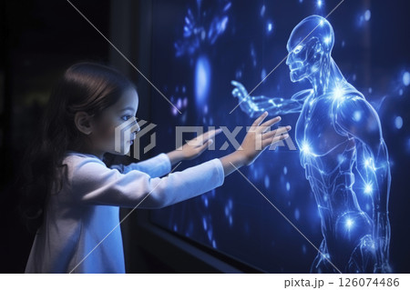 Young girl interacting with holographic human figure in a futuristic digital environment Young girl interacting with holographic human figure in a futuristic digital environment 126074486