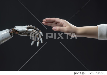 Human hand reaching out to robotic hand, symbolizing connection between technology and humanity Human hand reaching out to robotic hand, symbolizing connection between technology and humanity 126074489