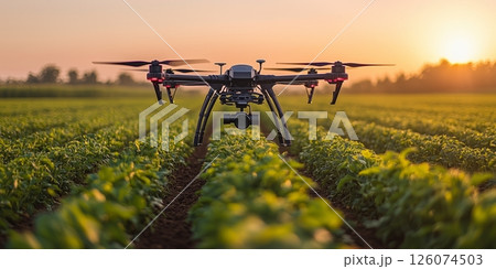 a drone flying low over a field, spraying crops with fertilizer, open landscape 126074503