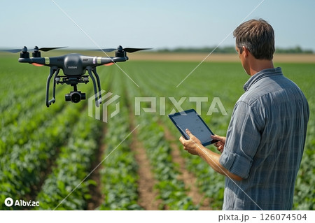 a drone flying over a large field, capturing data while a farmer observes on a tablet 126074504