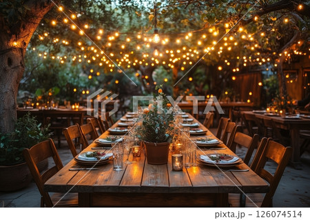 a boho style wedding reception with wooden tables, mismatched vintage chairs a boho style wedding reception with wooden tables, mismatched vintage chairs 126074514